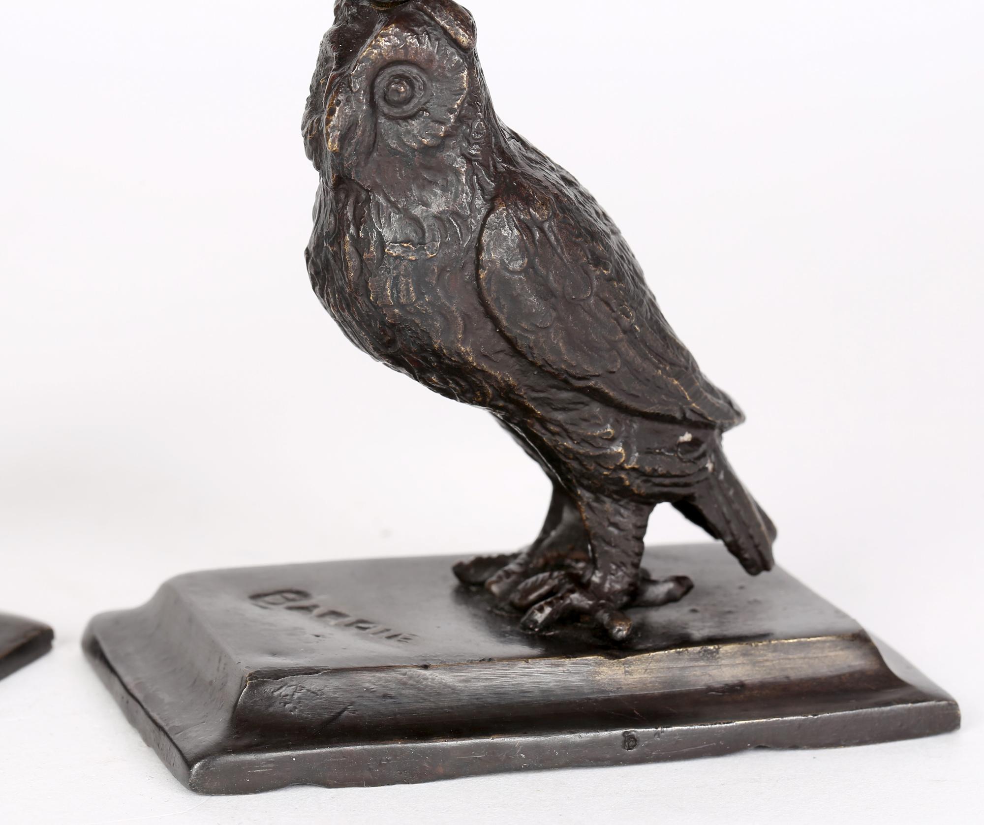 Art Deco Pair Bronze Owl Candlesticks Signed Barrie 9