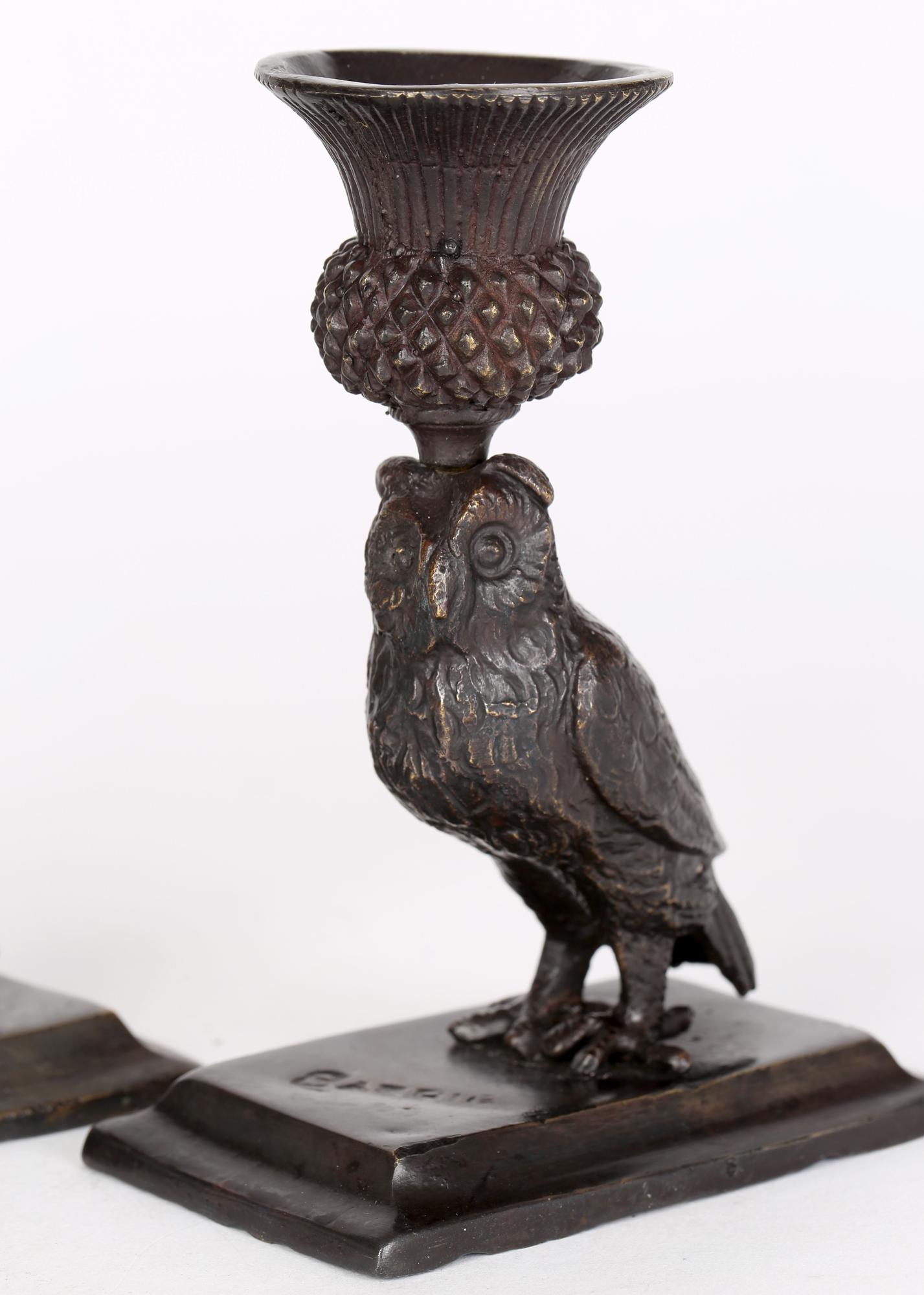 Art Deco Pair Bronze Owl Candlesticks Signed Barrie 11
