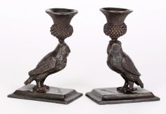 Art Deco Pair Bronze Owl Candlesticks Signed Barrie