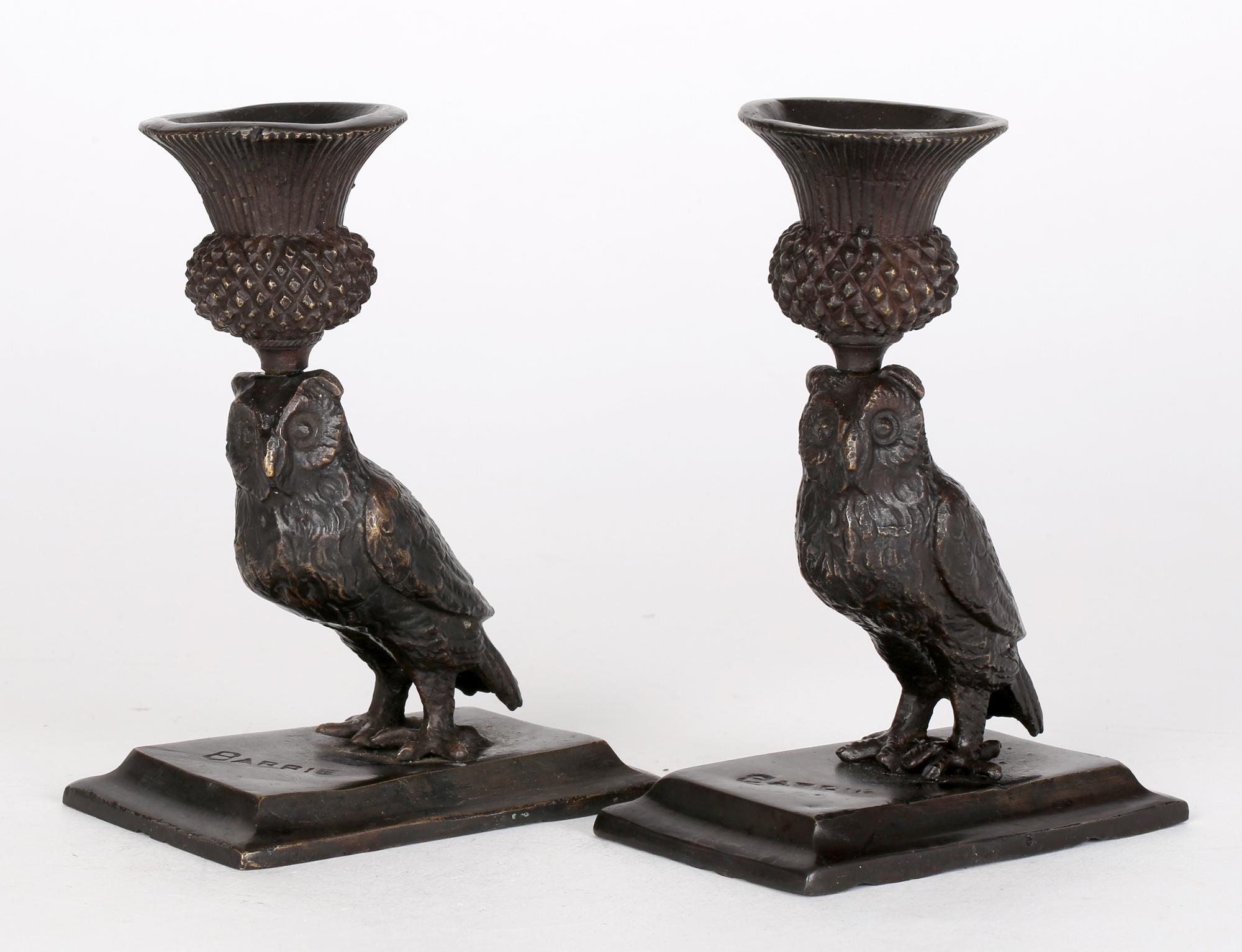 French Art Deco Pair Bronze Owl Candlesticks Signed Barrie
