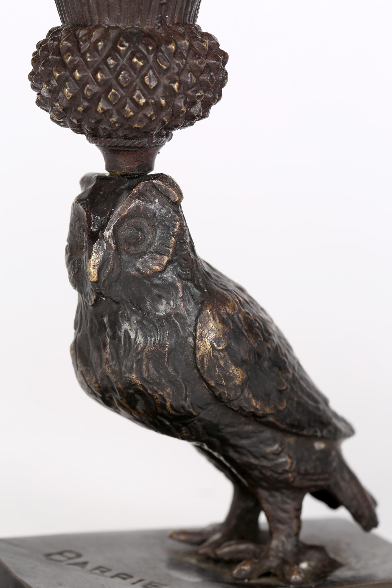 Art Deco Pair Bronze Owl Candlesticks Signed Barrie 1