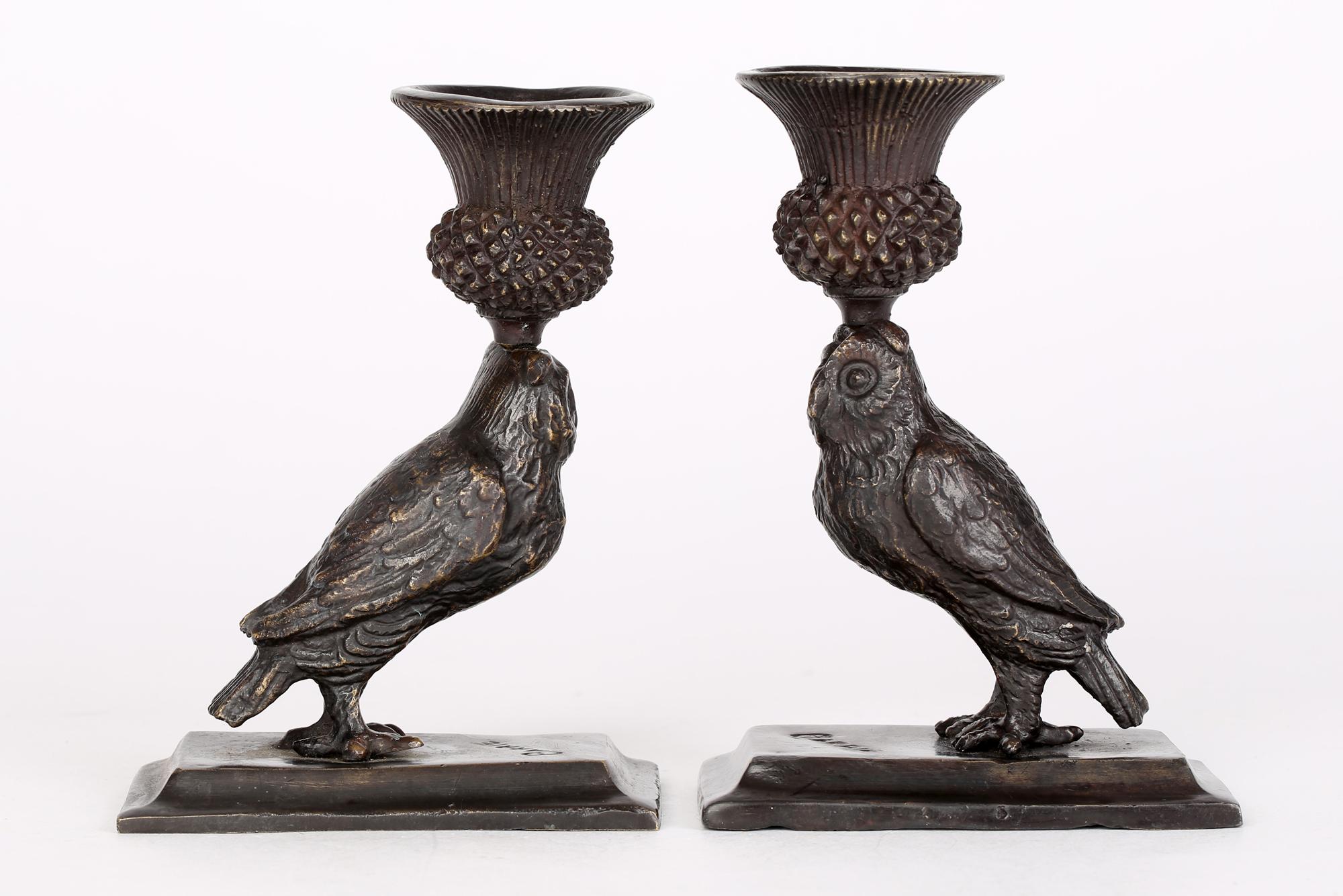 Art Deco Pair Bronze Owl Candlesticks Signed Barrie 2
