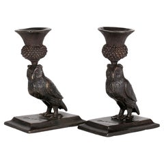 Antique Art Deco Pair Bronze Owl Candlesticks Signed Barrie