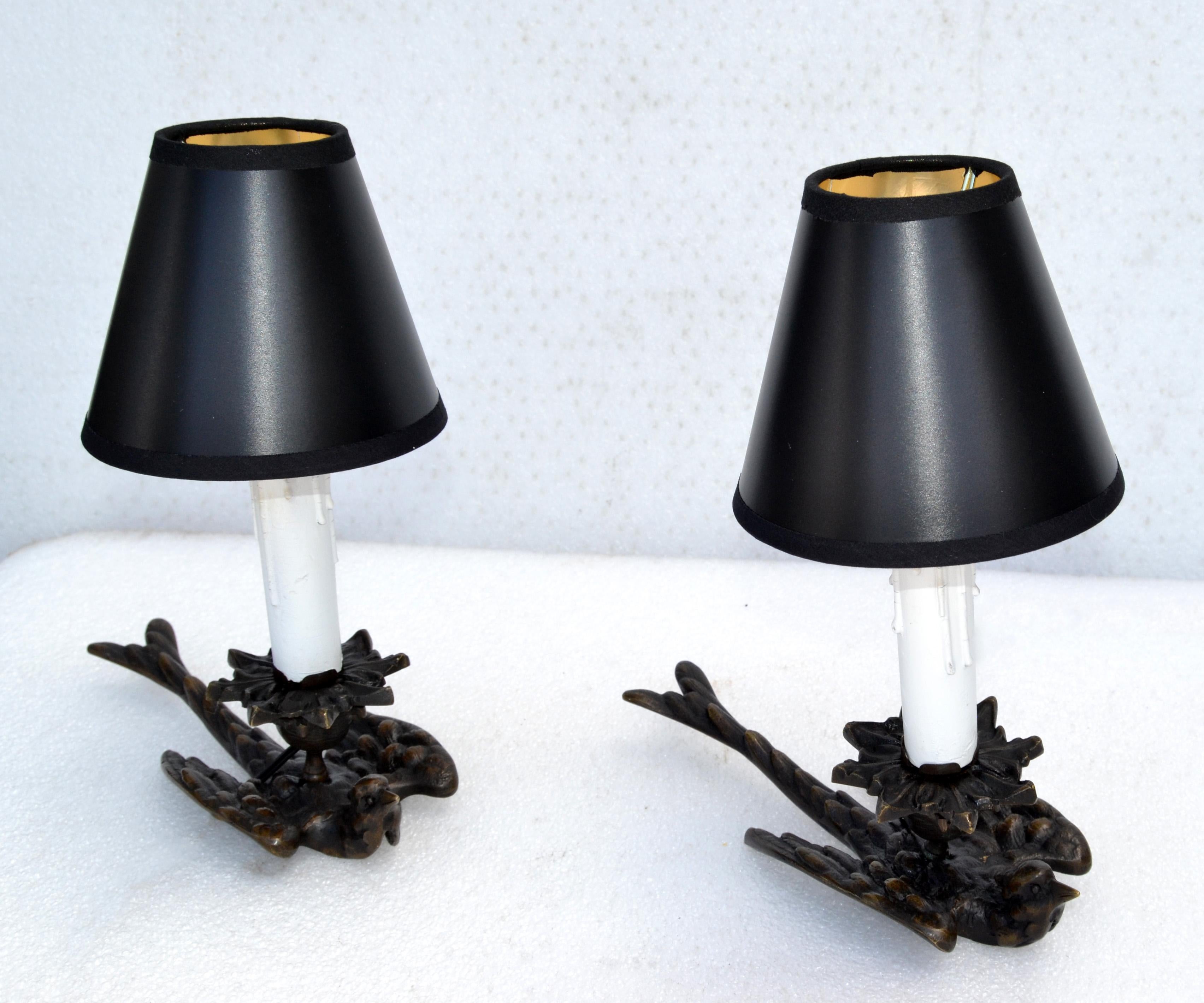 Art Deco Pair Bronze Swallow Bird French Night Stand Table Reading Lamps Shades  For Sale 9