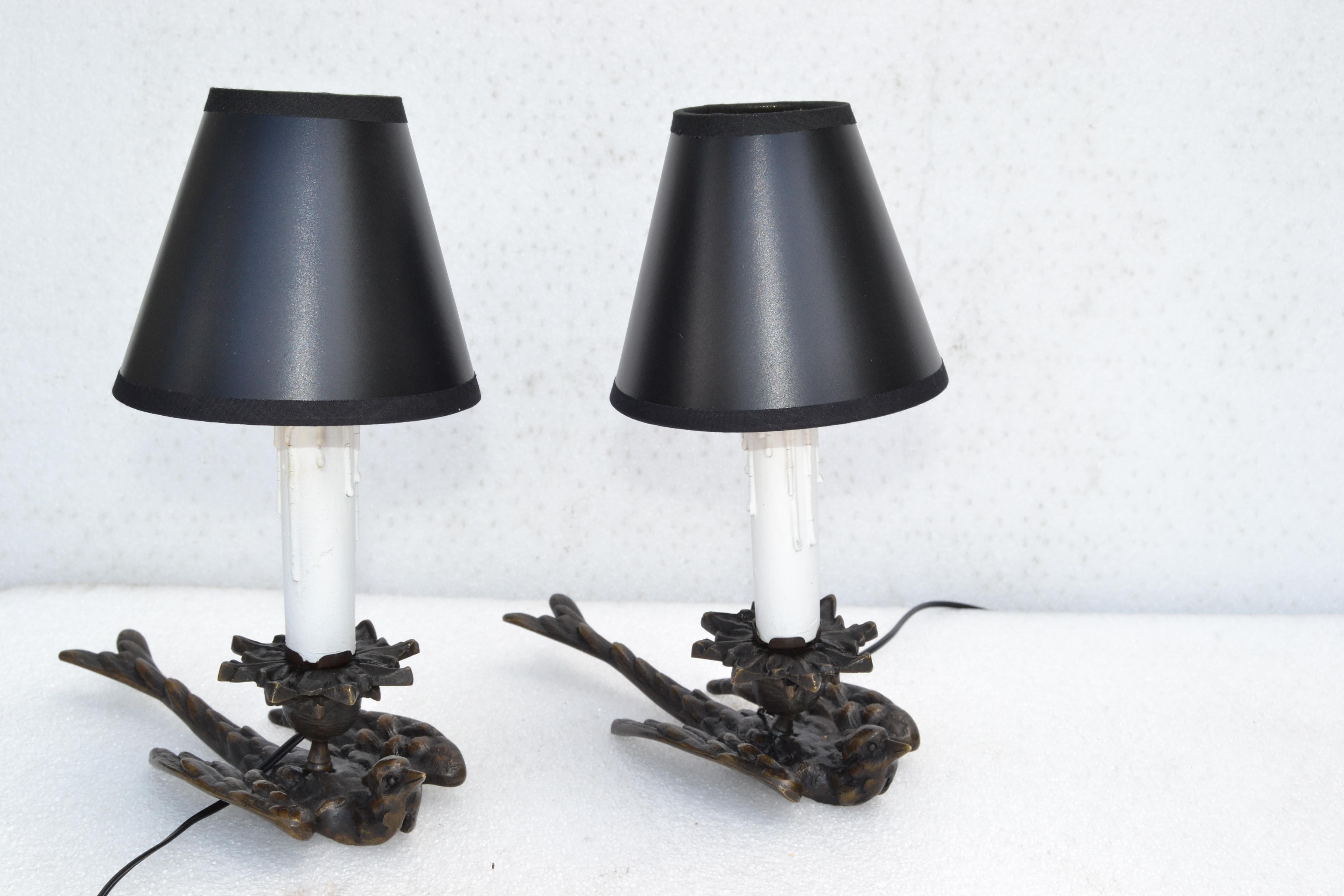 Art Deco Pair Bronze Swallow Bird French Night Stand Table Reading Lamps Shades  For Sale 4