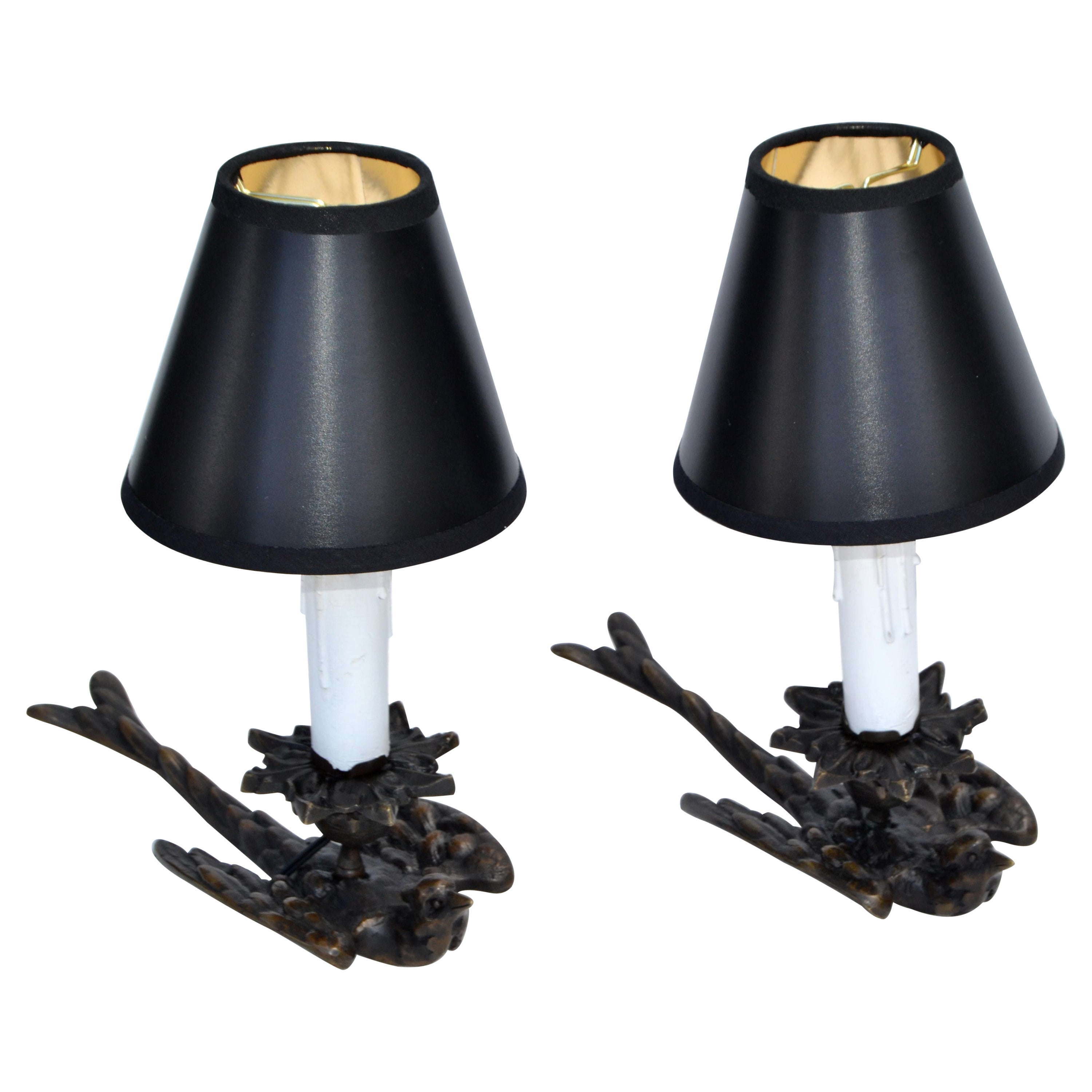 Art Deco Pair Bronze Swallow Bird French Night Stand Table Reading Lamps Shades