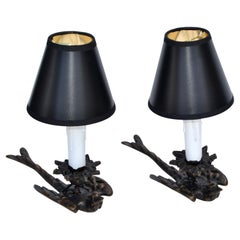 Art Deco Pair Bronze Swallow Bird French Night Stand Table Reading Lamps Shades