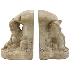 Vintage Art Deco Pair of Cast Plaster Gnomes and Toadstools Bookends, 1940s