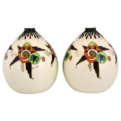 Art Deco Pair Crackle Enamel Globe Vases by Martinache for Orchies 1930 France
