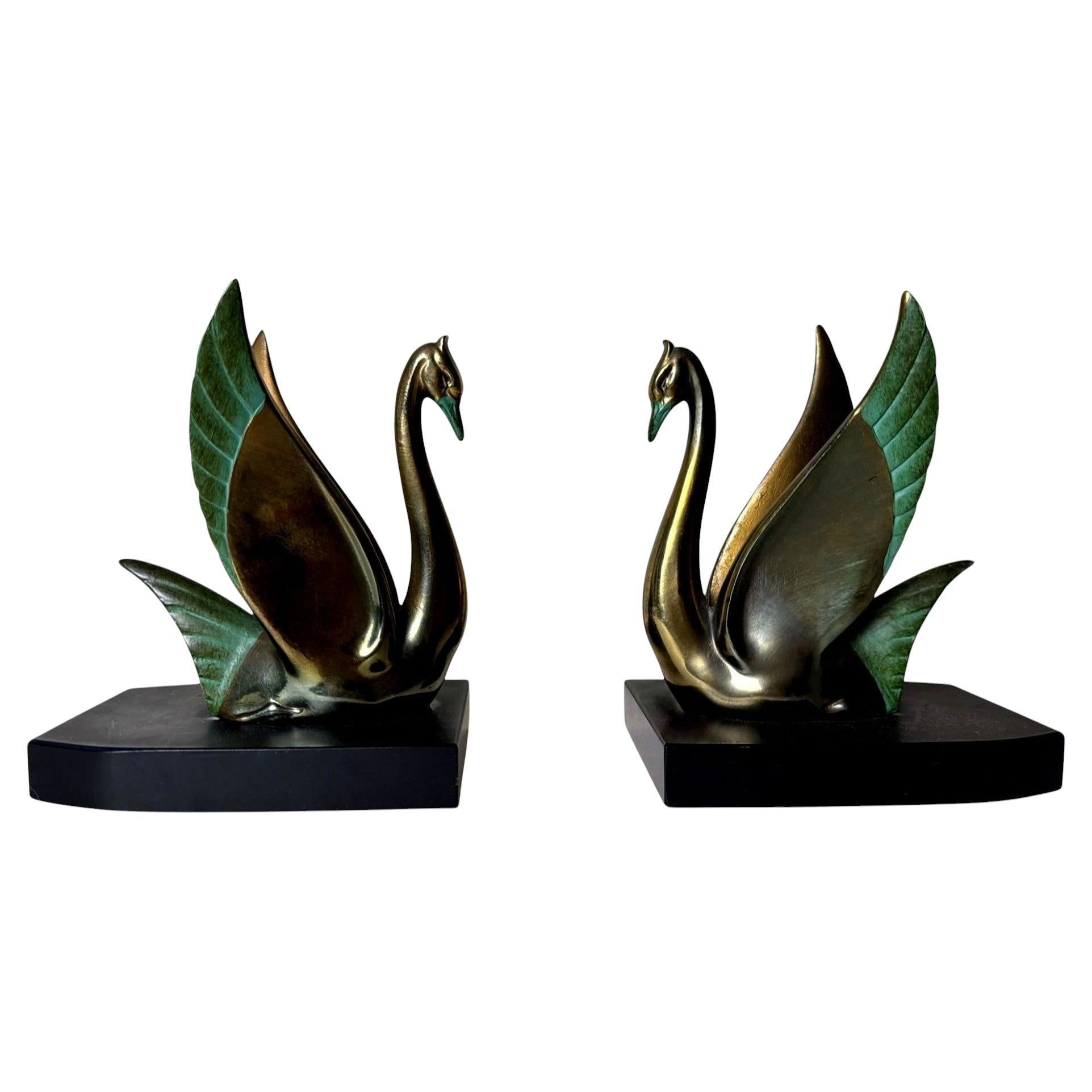 Art Deco Pair French Brass Bookends Svassi Maggiori on Marquinia Blackmamarble