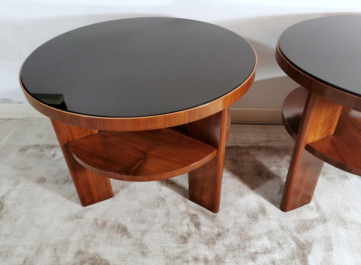 Art Deco Pair of Italian Coffee Tables in Walnut with Black Glass Top 5