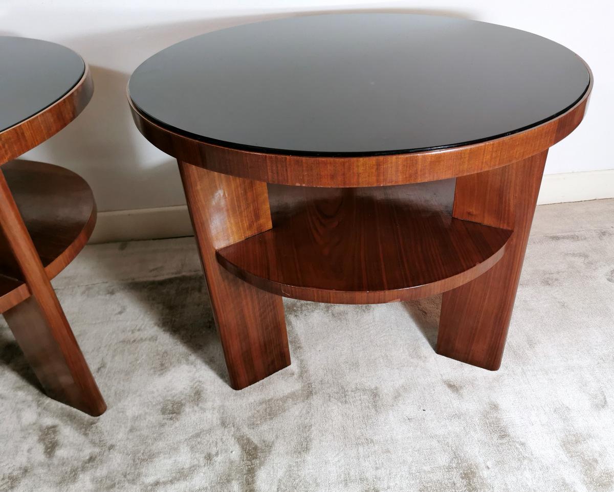 Art Deco Pair of Italian Coffee Tables in Walnut with Black Glass Top 6