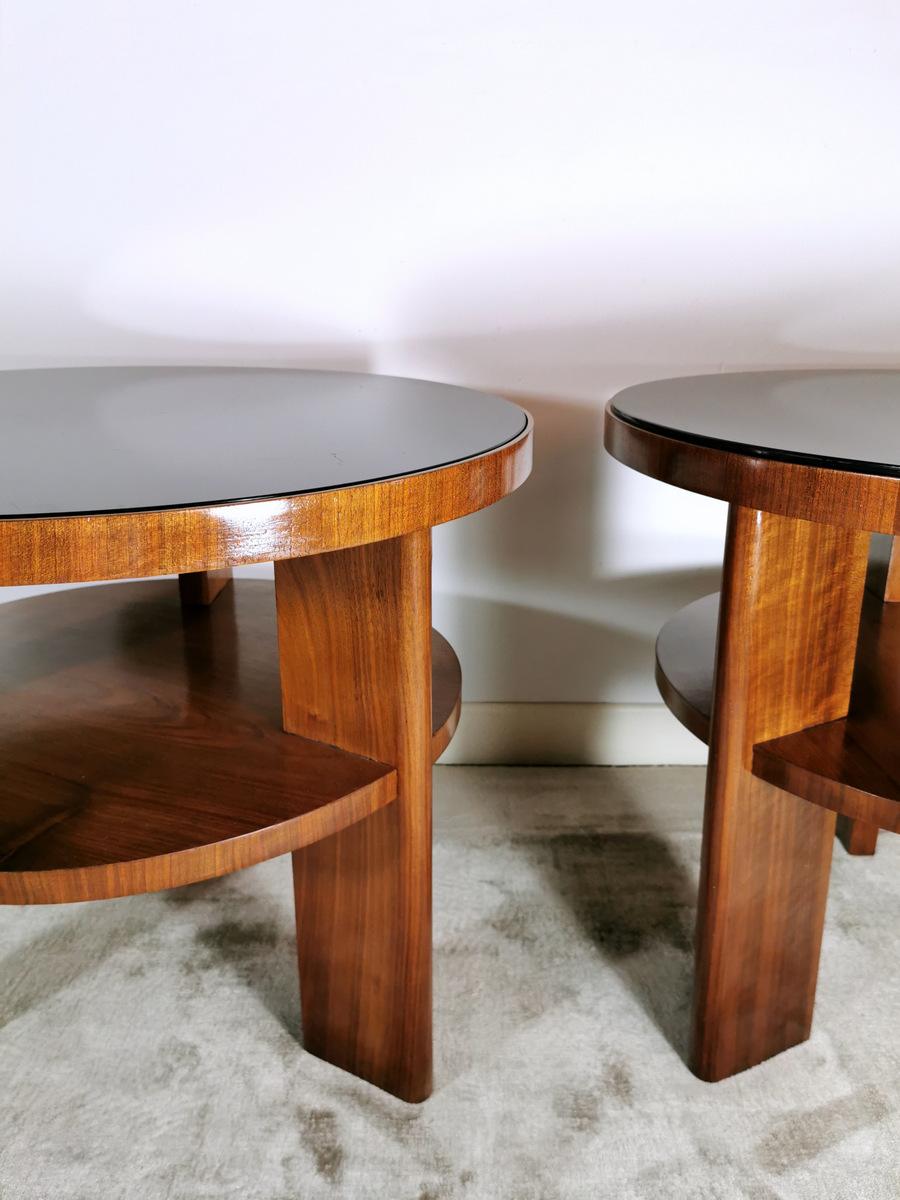 Art Deco Pair of Italian Coffee Tables in Walnut with Black Glass Top 7