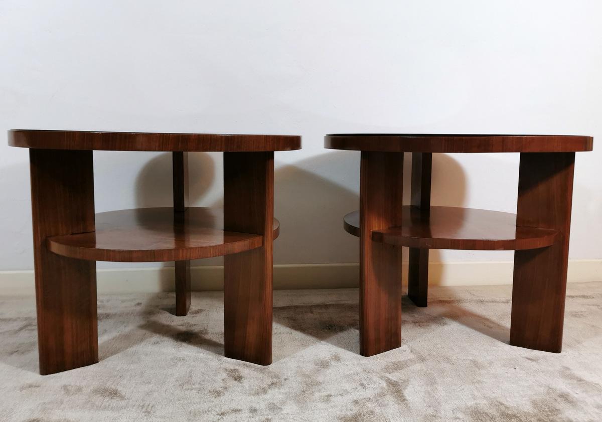 Other Art Deco Pair of Italian Coffee Tables in Walnut with Black Glass Top