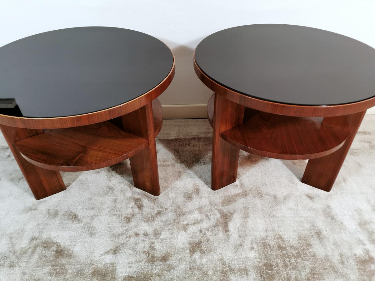 Art Deco Pair of Italian Coffee Tables in Walnut with Black Glass Top 2