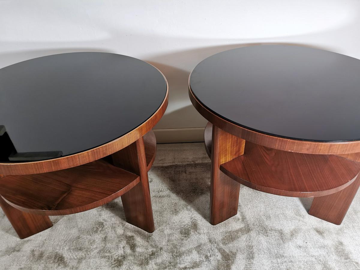 Art Deco Pair of Italian Coffee Tables in Walnut with Black Glass Top 3