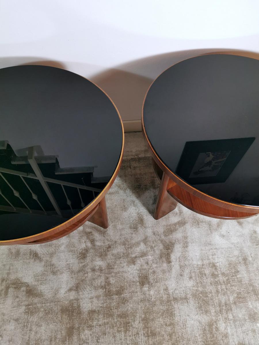 Art Deco Pair of Italian Coffee Tables in Walnut with Black Glass Top 4