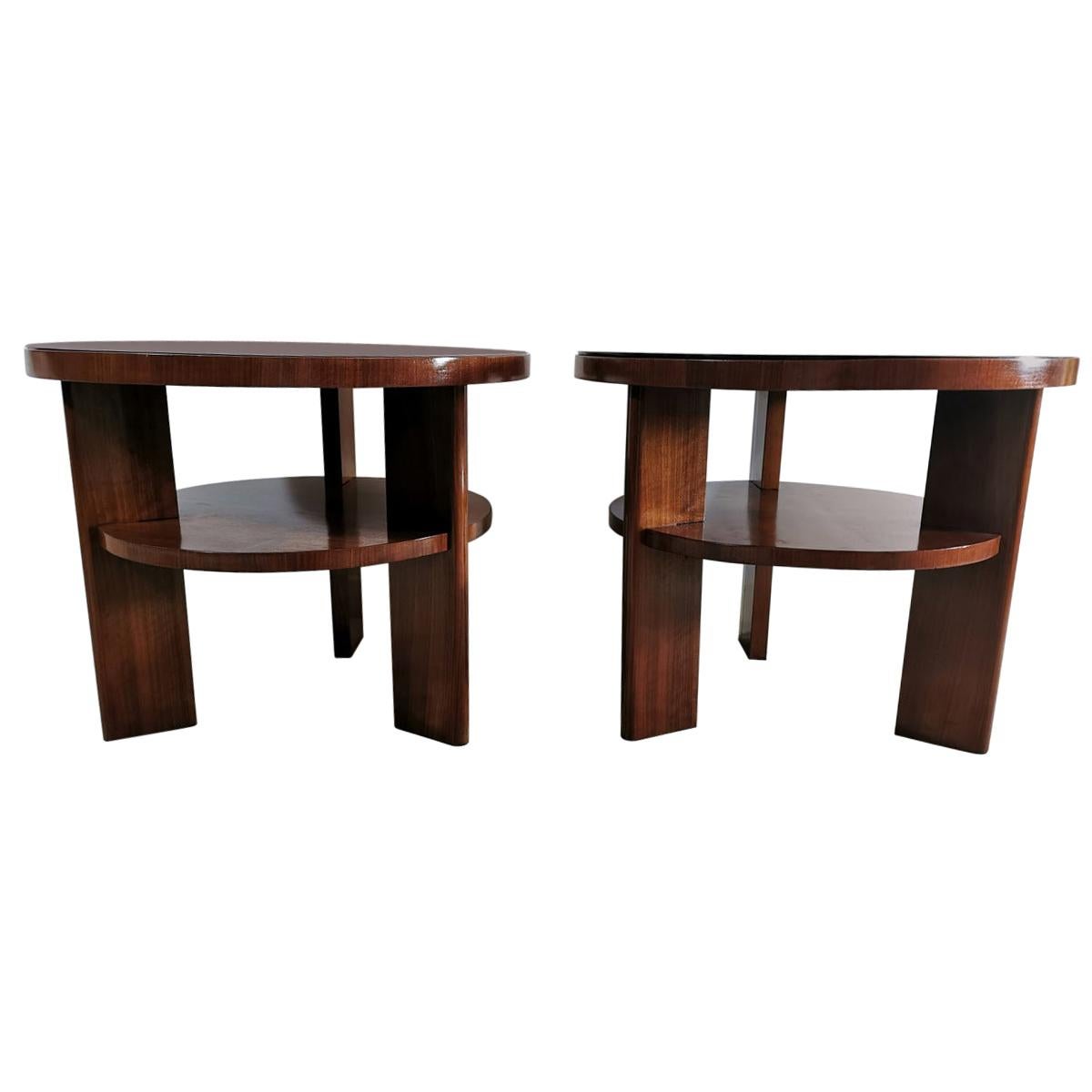 Art Deco Pair of Italian Coffee Tables in Walnut with Black Glass Top