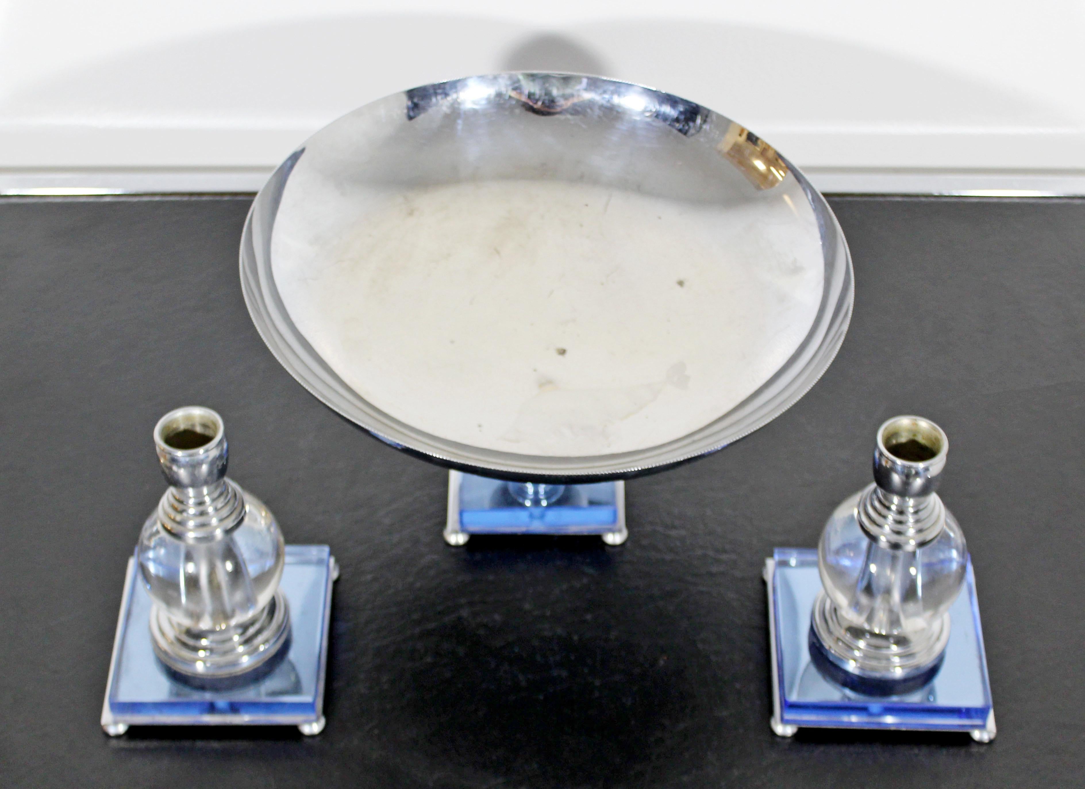 American Art Deco Pair Mautner Farber Chromium-Plated Candleholders and Serving Dish Blue