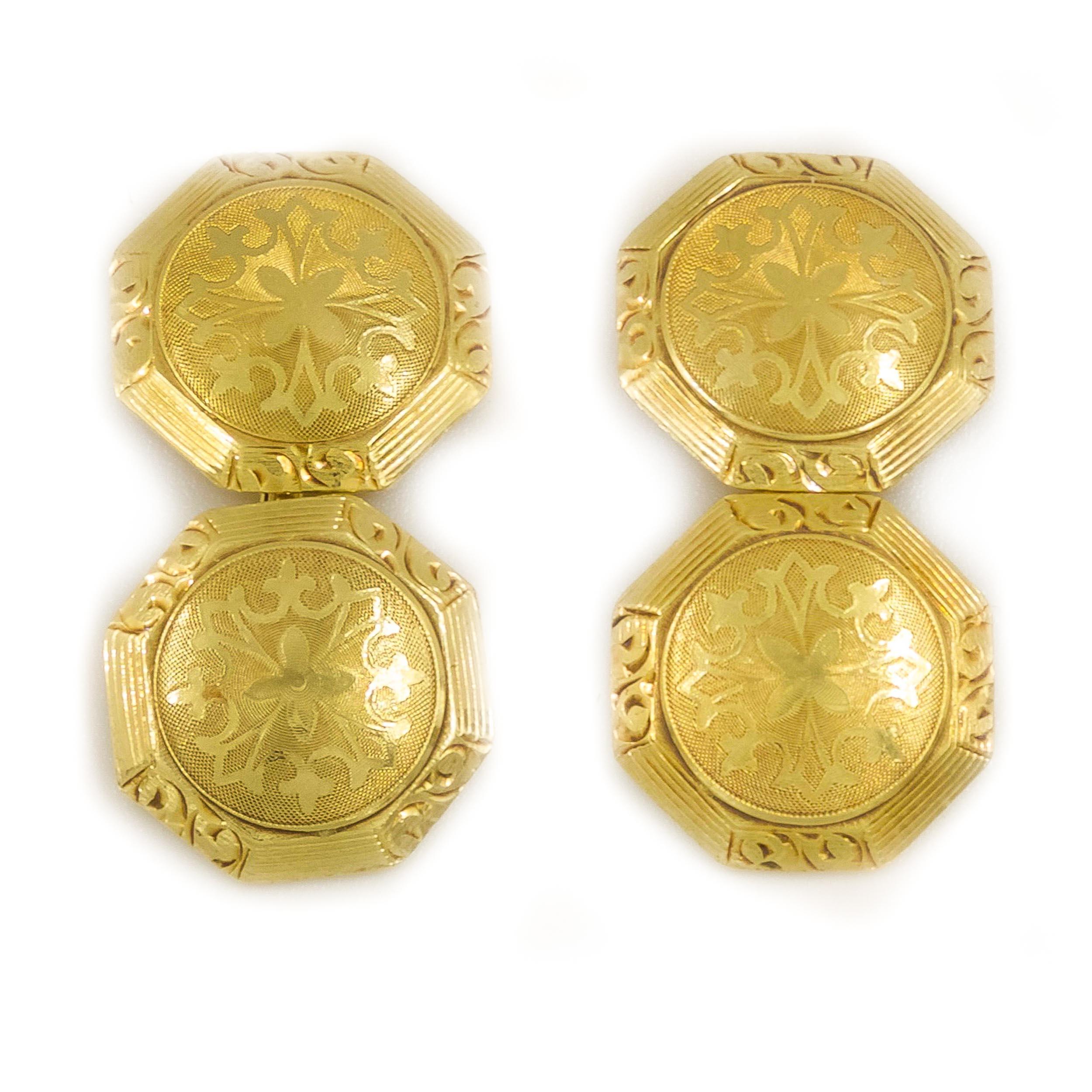 ANTIQUE PAIR OF ART DECO 14K YELLOW GOLD ENGRAVED OCTAGONAL CUFF-LINKS
Designed and retailed by Lebolt & Company, Chicago circa 1925
Item # 011DQF19P 

An exquisite and beautifully preserved pair of Lebolt & Company cuff-links crafted entirely of