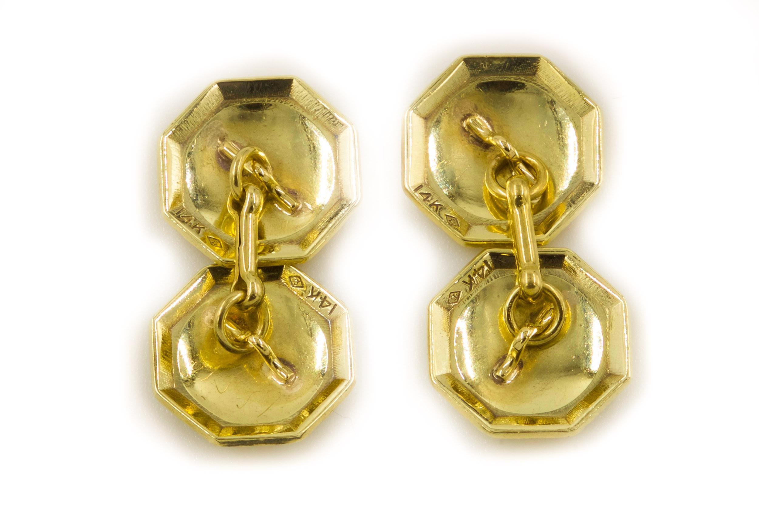 Art Deco Pair of 14K Yellow Gold Engraved Cuff-Links by Lebolt & Co., circa 1925 In Good Condition For Sale In Shippensburg, PA