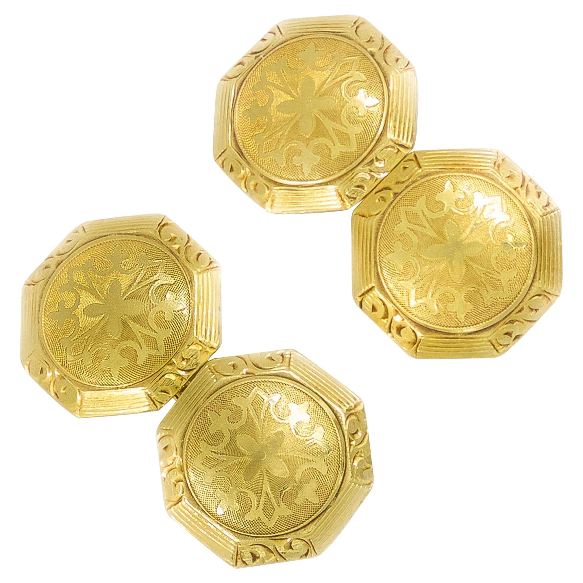 Paire de boutons de manchette gravés en or jaune 14 carats par A Linking Co, vers 1925