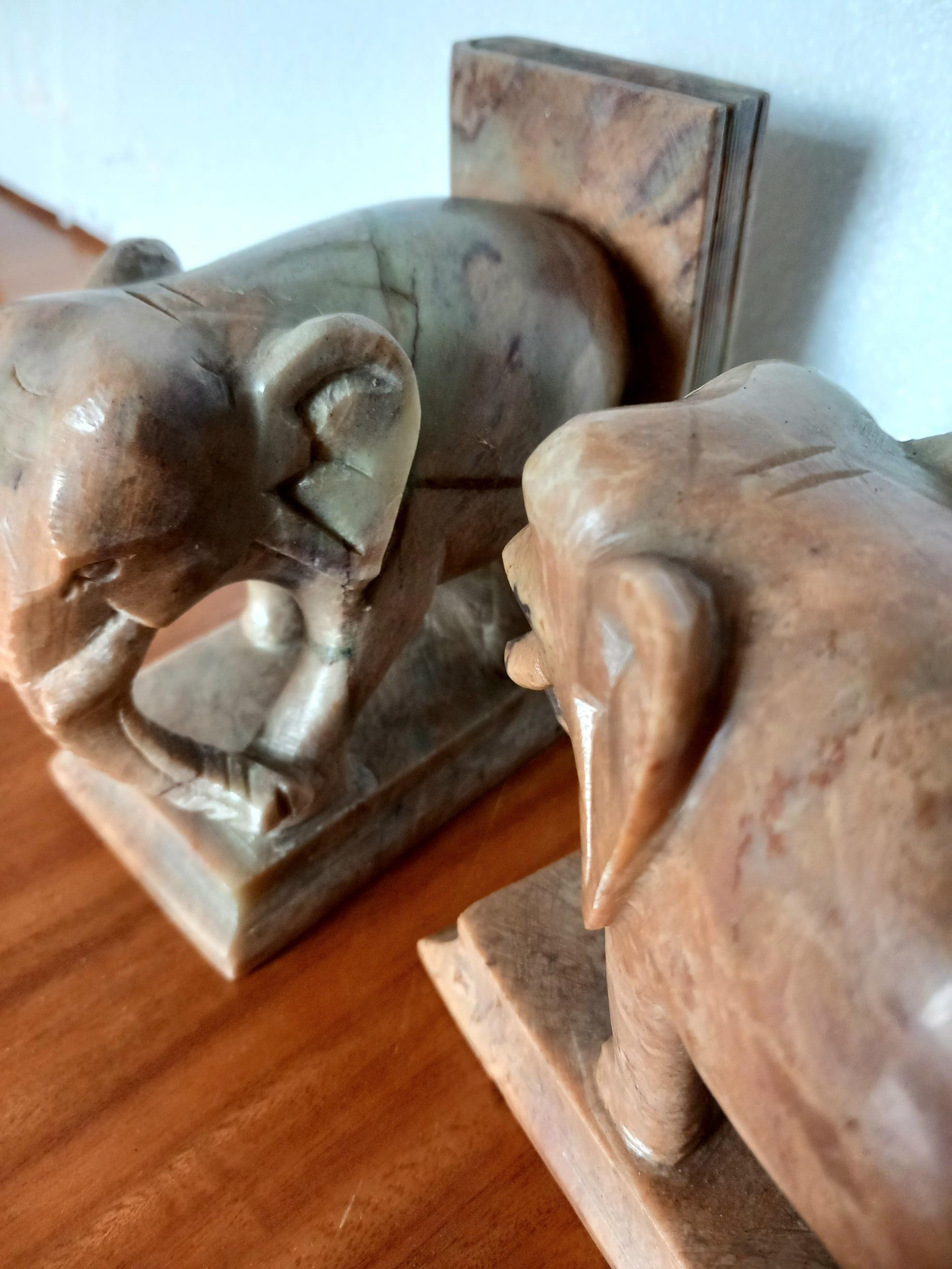 Italian Art Deco Pair of Alabaster Bookends Elephant on a Book Spain 20th Century
