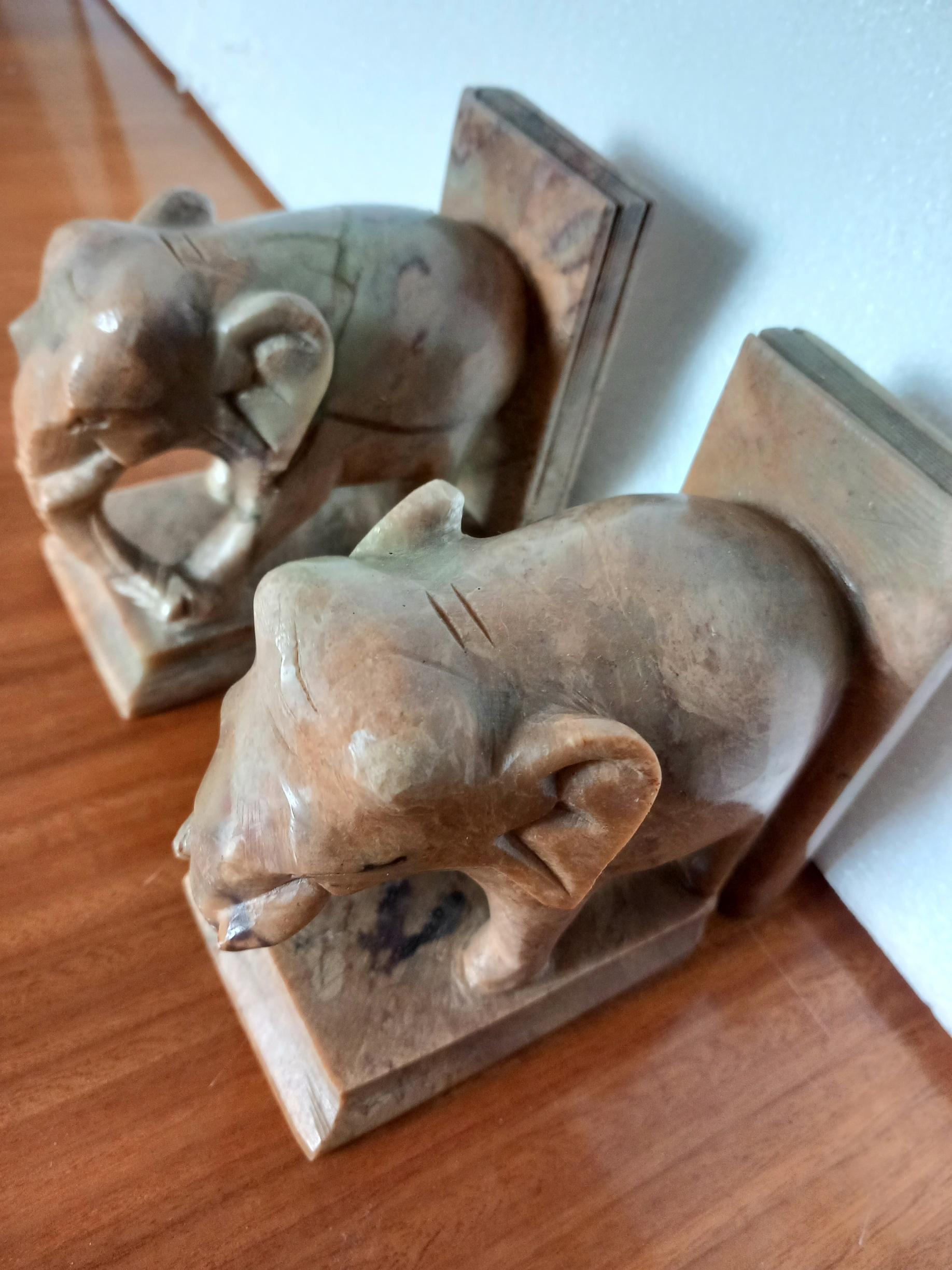 Marble Art Deco Pair of Alabaster Bookends Elephant on a Book Spain 20th Century