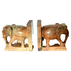 Vintage Art Deco Pair of Alabaster Bookends Elephant on a Book Spain 20th Century