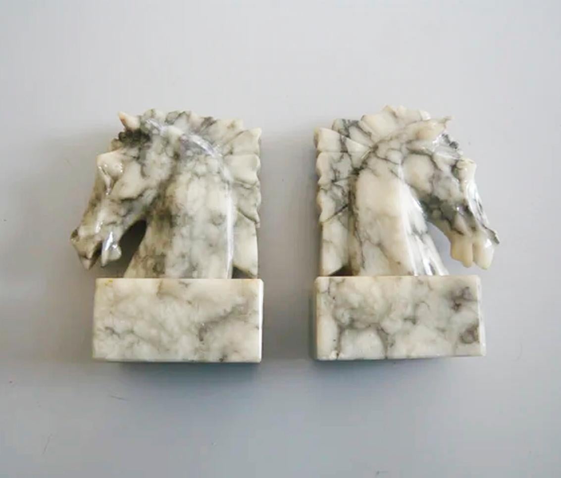Victorian Art Deco Pair of Alabaster Bookends in Form of Horses Library Very Original