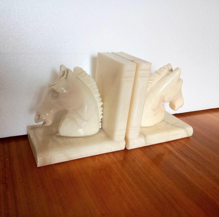 Art Deco Pair of Alabaster Bookends in Form of Horses Library Very Original For Sale at 1stDibs