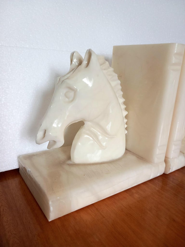Art Deco Pair of Alabaster Bookends in Form of Horses Library Very Original For Sale at 1stDibs