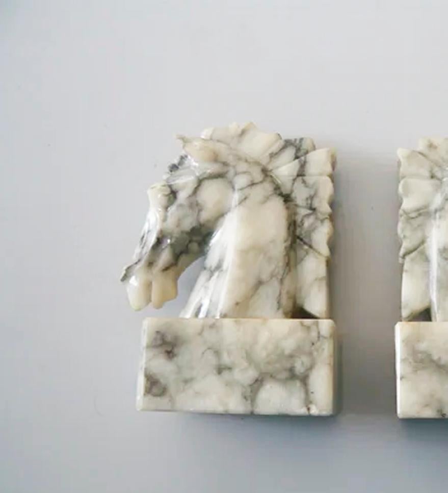 Carved Art Deco Pair of Alabaster Bookends in Form of Horses Library Very Original