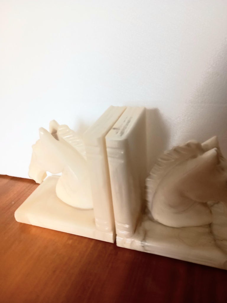 Art Deco Pair of Alabaster Bookends in Form of Horses Library Very Original For Sale at 1stDibs