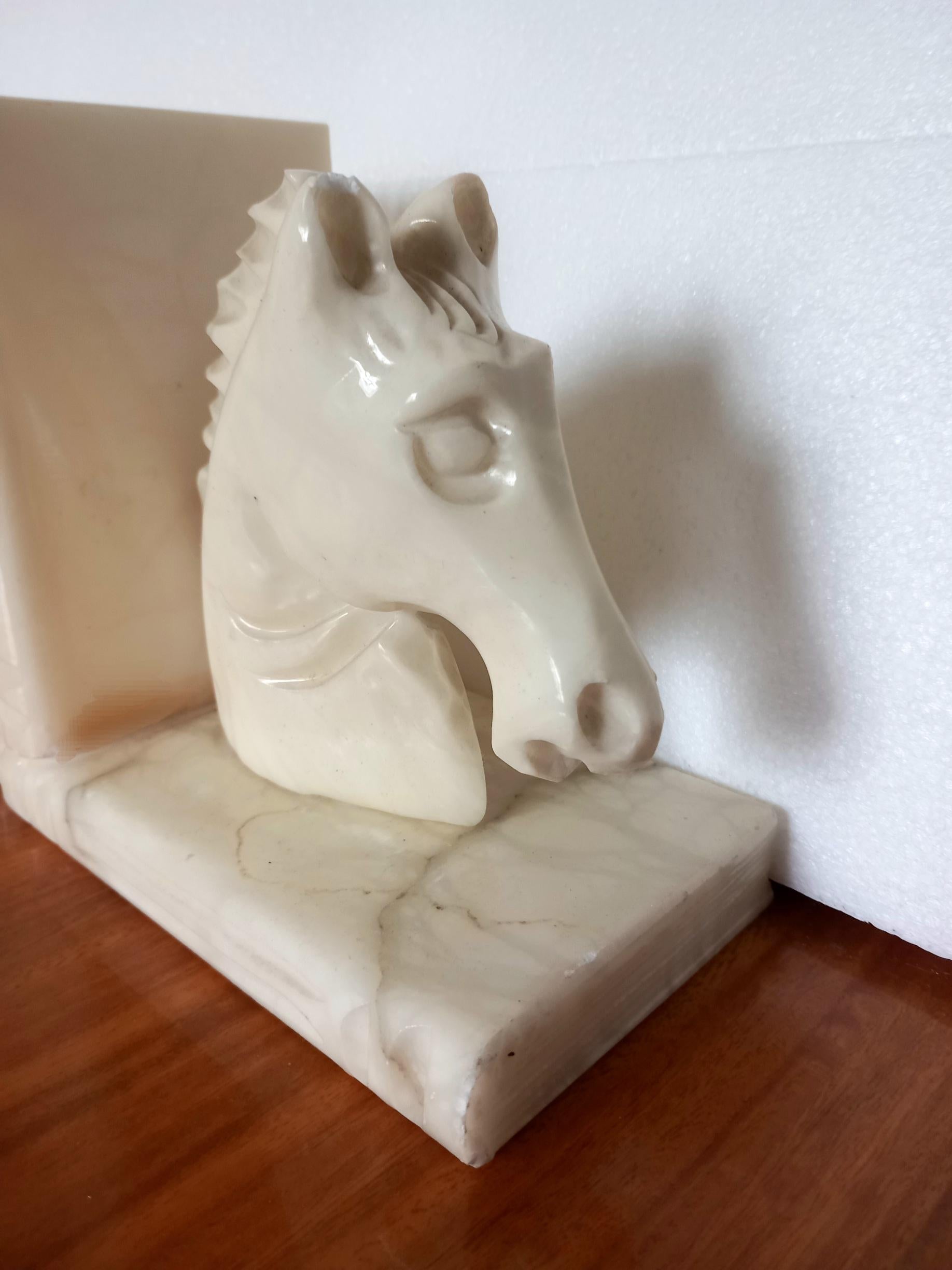 Italian Art Deco Pair of Alabaster  Bookends in Form of Horses Library Very Original For Sale