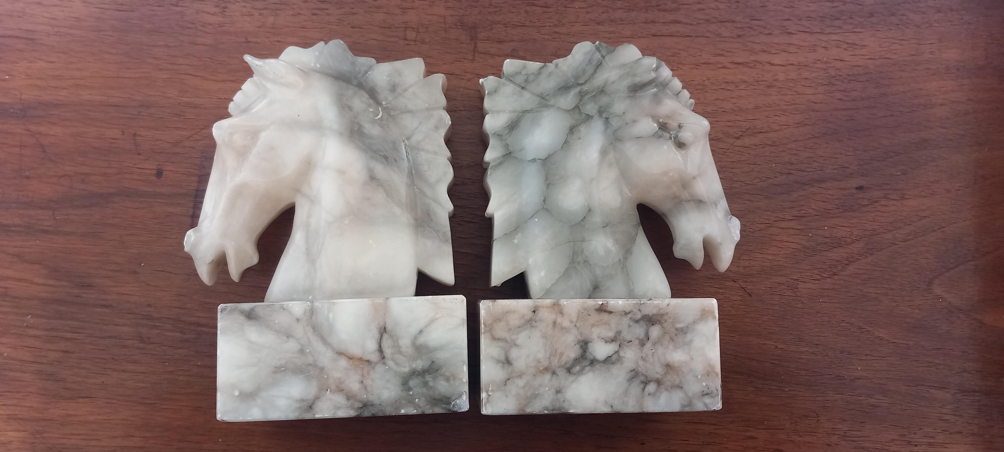 20th Century Art Deco Pair of Alabaster Bookends in Form of Horses Library Very Original For Sale