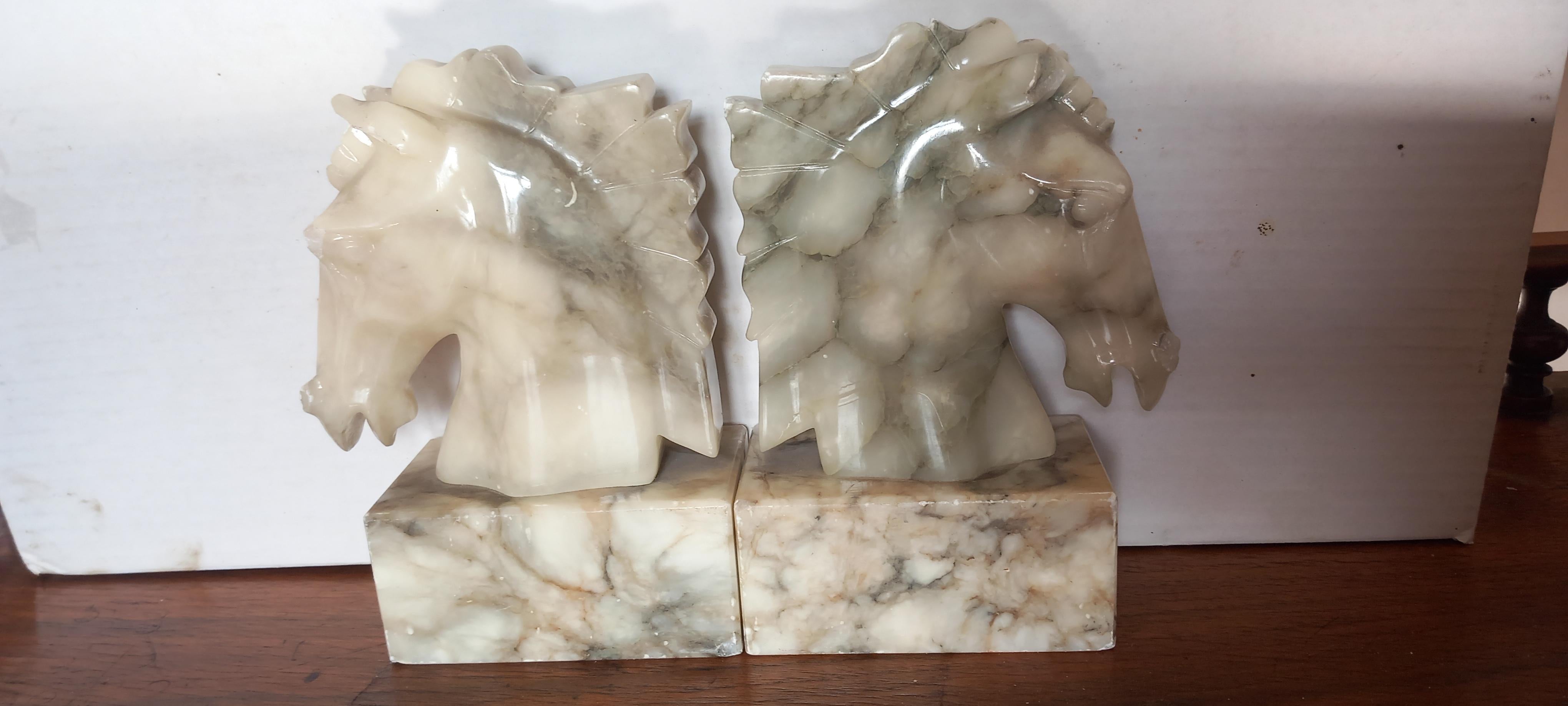 Marble Art Deco Pair of Alabaster Bookends in Form of Horses Library Very Original For Sale