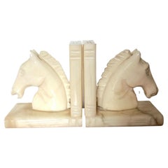 Art Deco Pair of Alabaster Bookends in Form of Horses Library Very Original