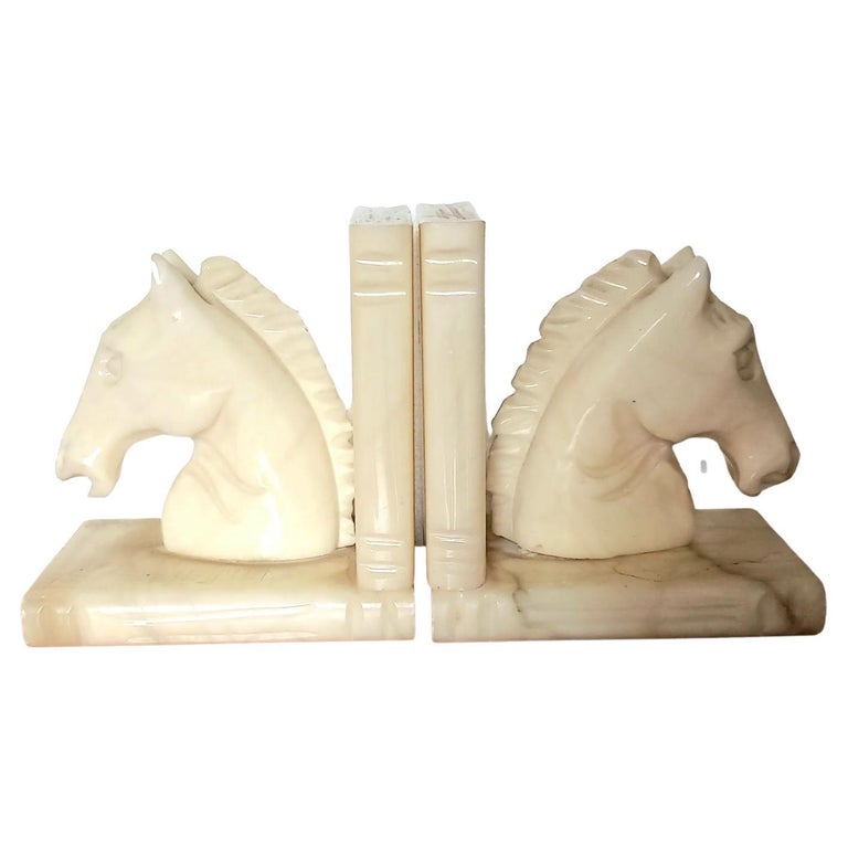 Art Deco Pair of Alabaster Bookends in Form of Horses Library Very Original For Sale at 1stDibs