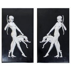 Art Deco Pair of Aluminum on Wood Wall Relief Plaques Sculptures Nude and Dog