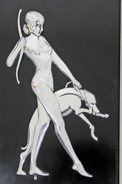 Art Deco Pair of Aluminum on Wood Wall Relief Plaques Sculptures Nude and Dog