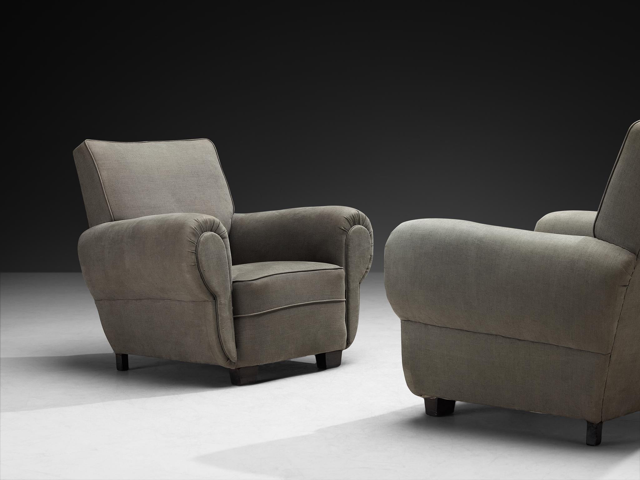 Art déco Art Deco Pair of Armchairs in Earthy Grey Fabric en vente