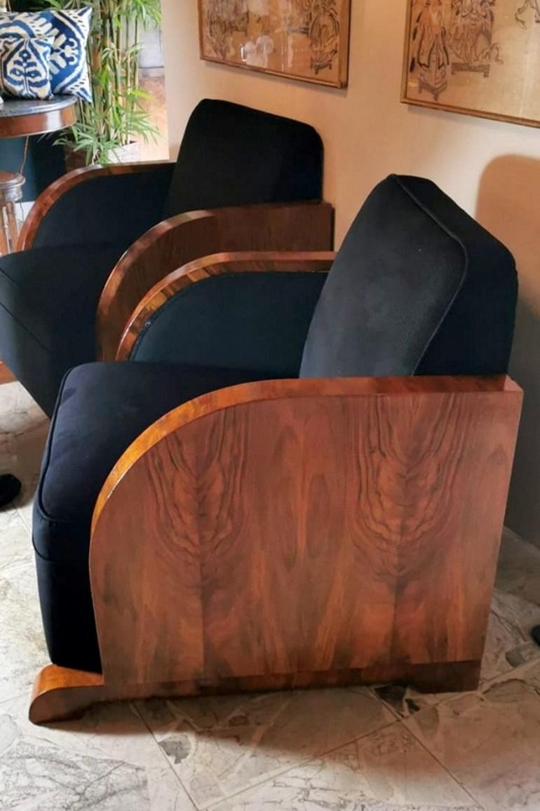 Art Deco Pair of Austrian Armchairs in Walnut and Velvet Worked Black, 1925 In Good Condition In Prato, Tuscany