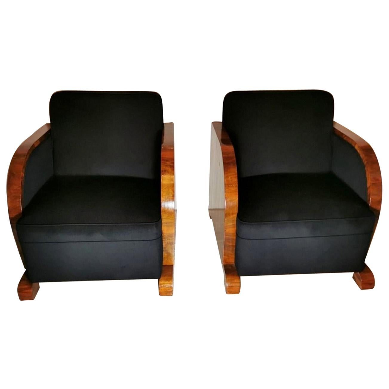 Art Deco Pair of Austrian Armchairs in Walnut and Velvet Worked Black, 1925
