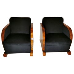 Antique Art Deco Pair of Austrian Armchairs in Walnut and Velvet Worked Black, 1925