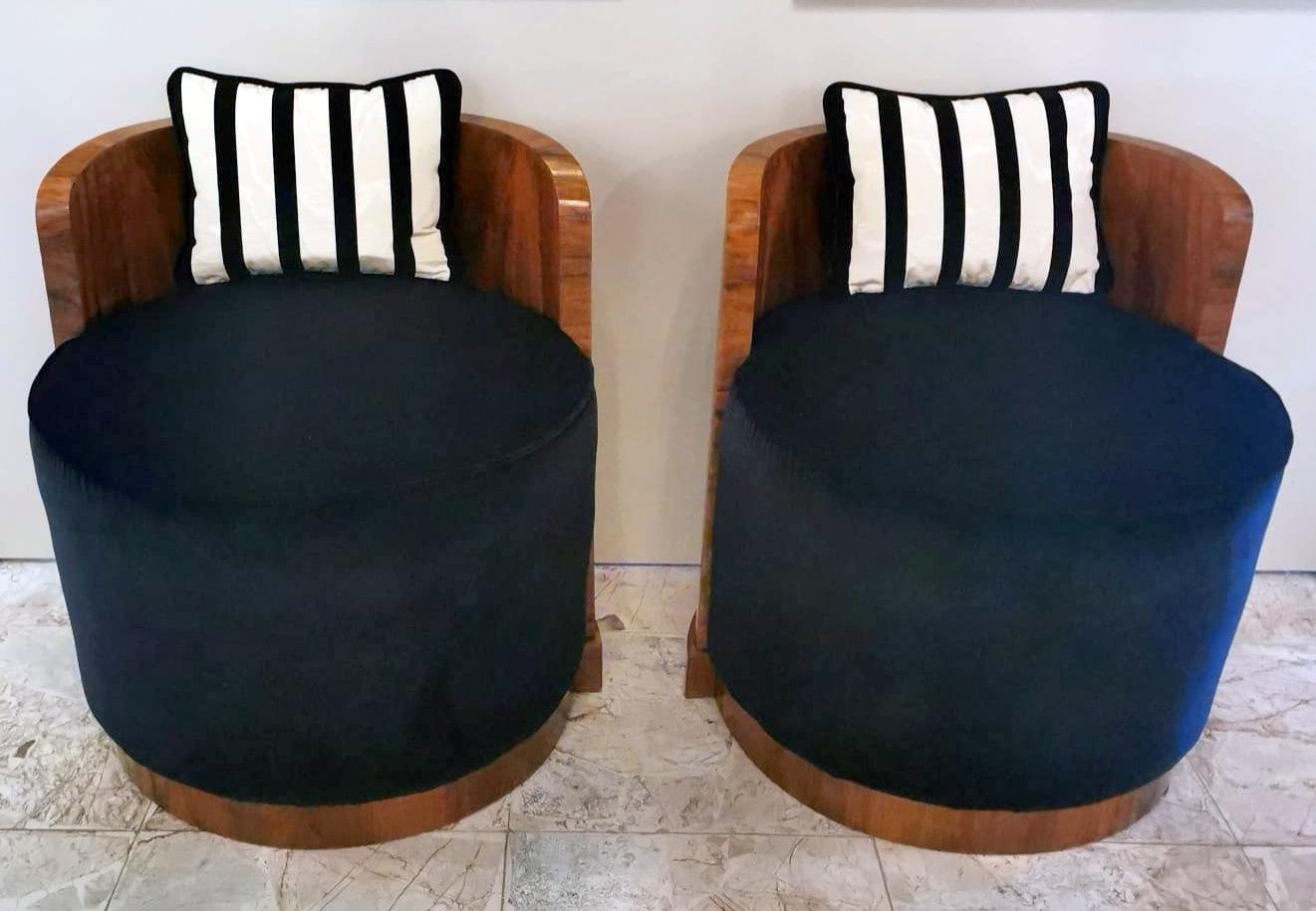 Polished Art Deco Pair of Austrian Walnut and Velvet Cockpit Armchairs For Sale