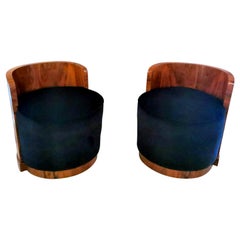 Vintage Art Deco Pair of Austrian Walnut and Velvet Cockpit Armchairs