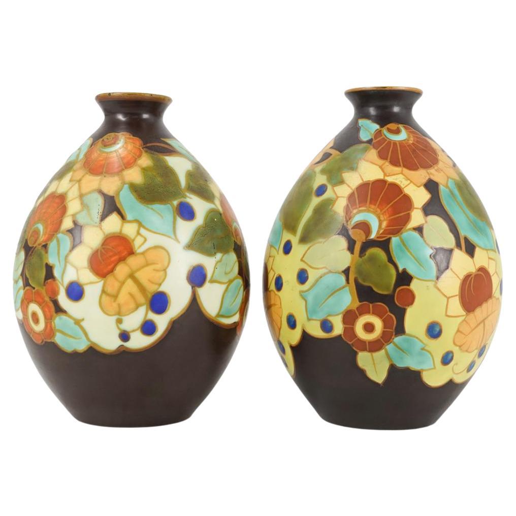 Art Deco Pair of BOCH FRÈRES Keramis Vase.Belgium circa 1925.Marked.1845 For Sale