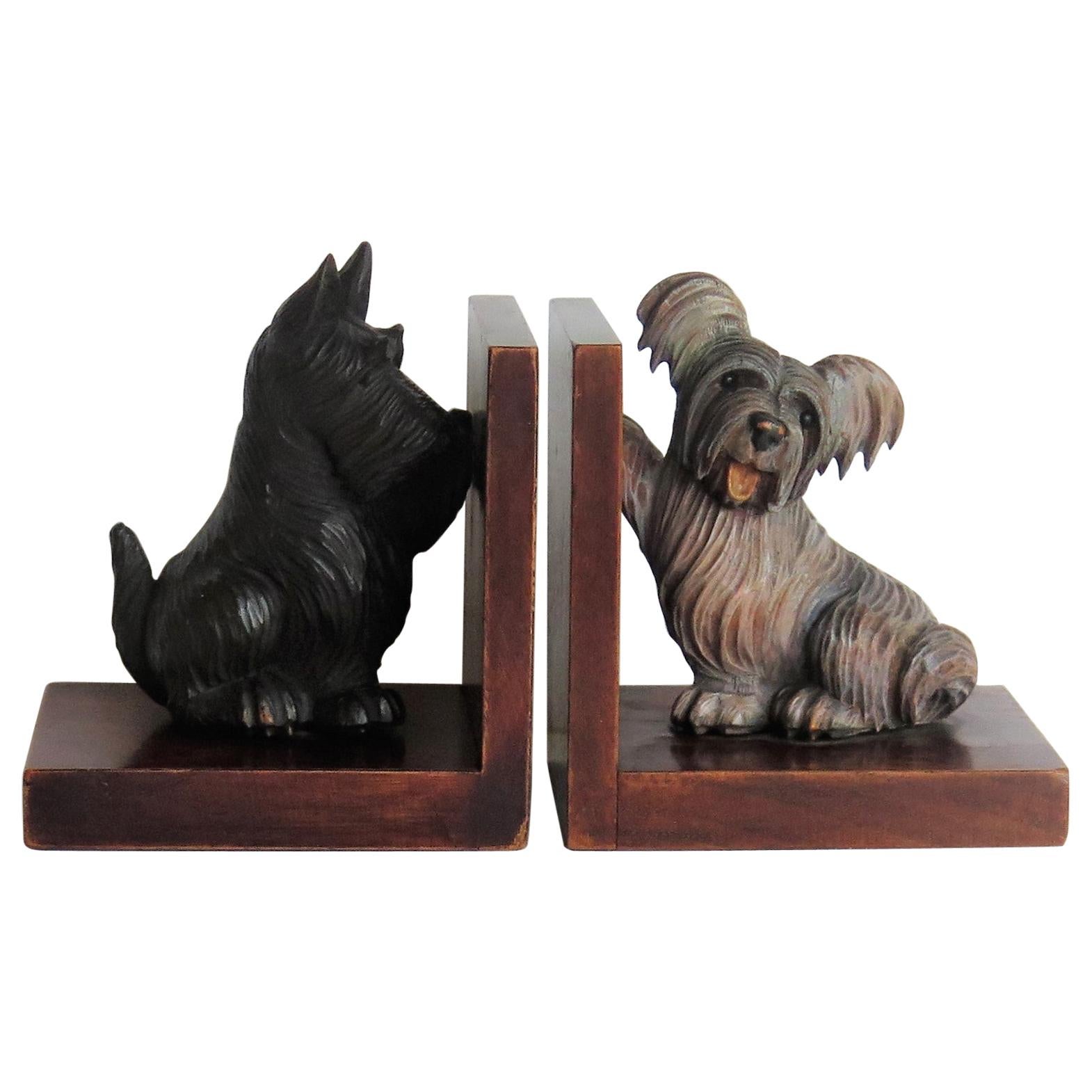 Art Deco Pair of Bookends Hardwood with Terrier Dog Figures, circa 1930