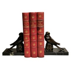 Art Deco Pair of Bookends with Metal Birds and Marble Marquinia, 1920